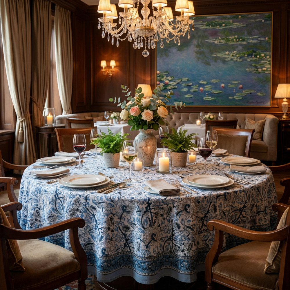 Image of Hand Block Printed Cotton Round Tablecloth 220 cms | Amarnath Grey Open 208496