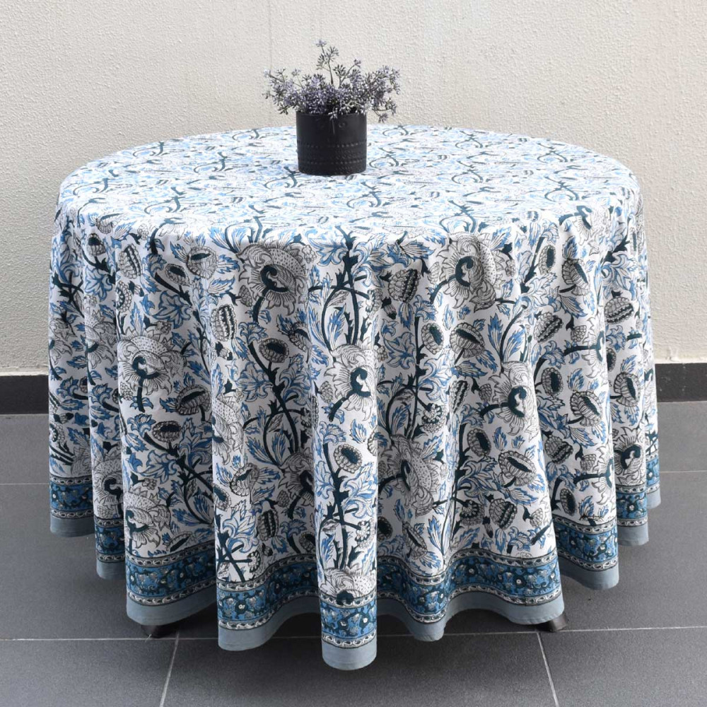 Image of Hand Block Printed Cotton Round Tablecloth 220 cms | Amarnath Grey Open 208496
