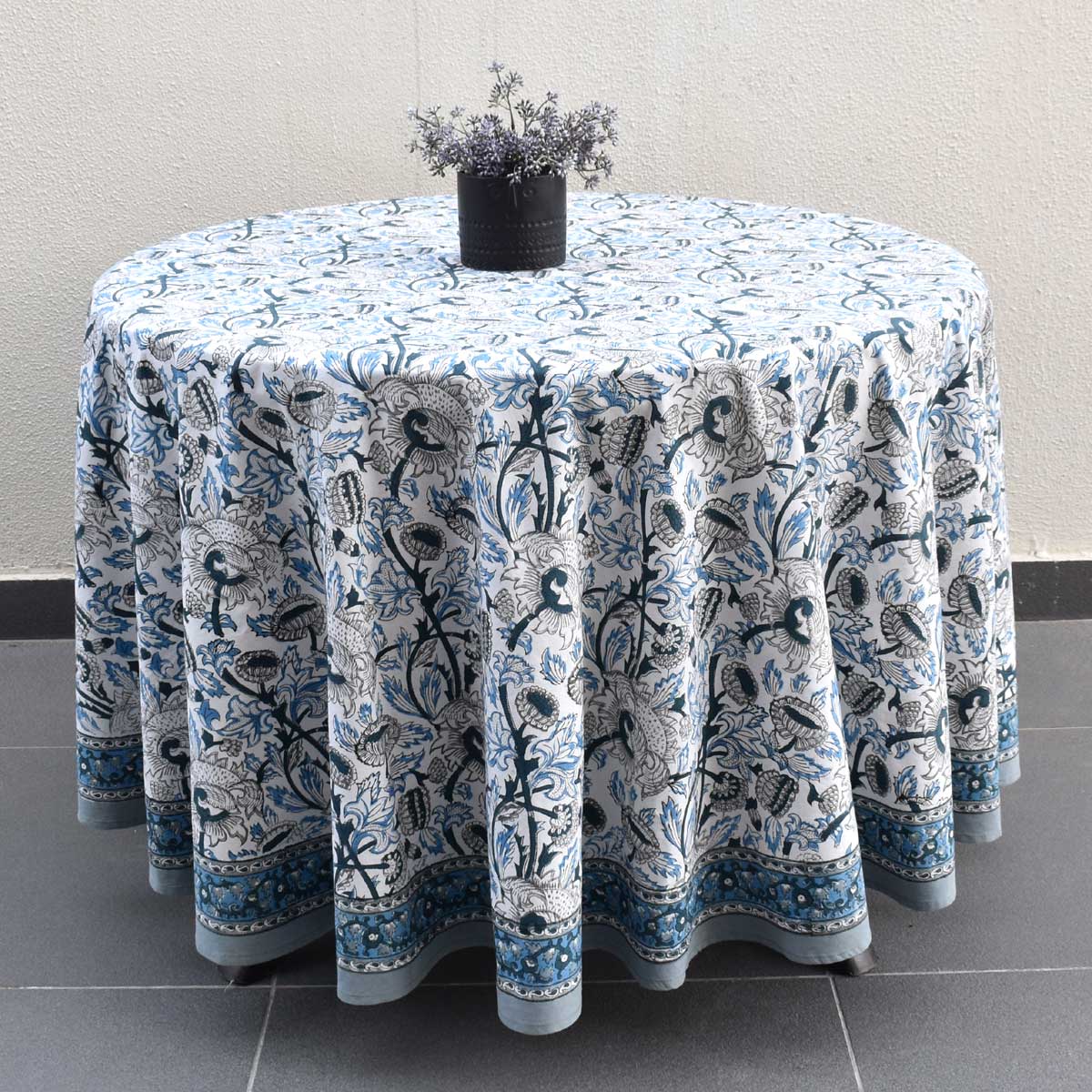 Hand Block Printed Cotton Round Tablecloth 180 cms Amarnath Grey Open 208496