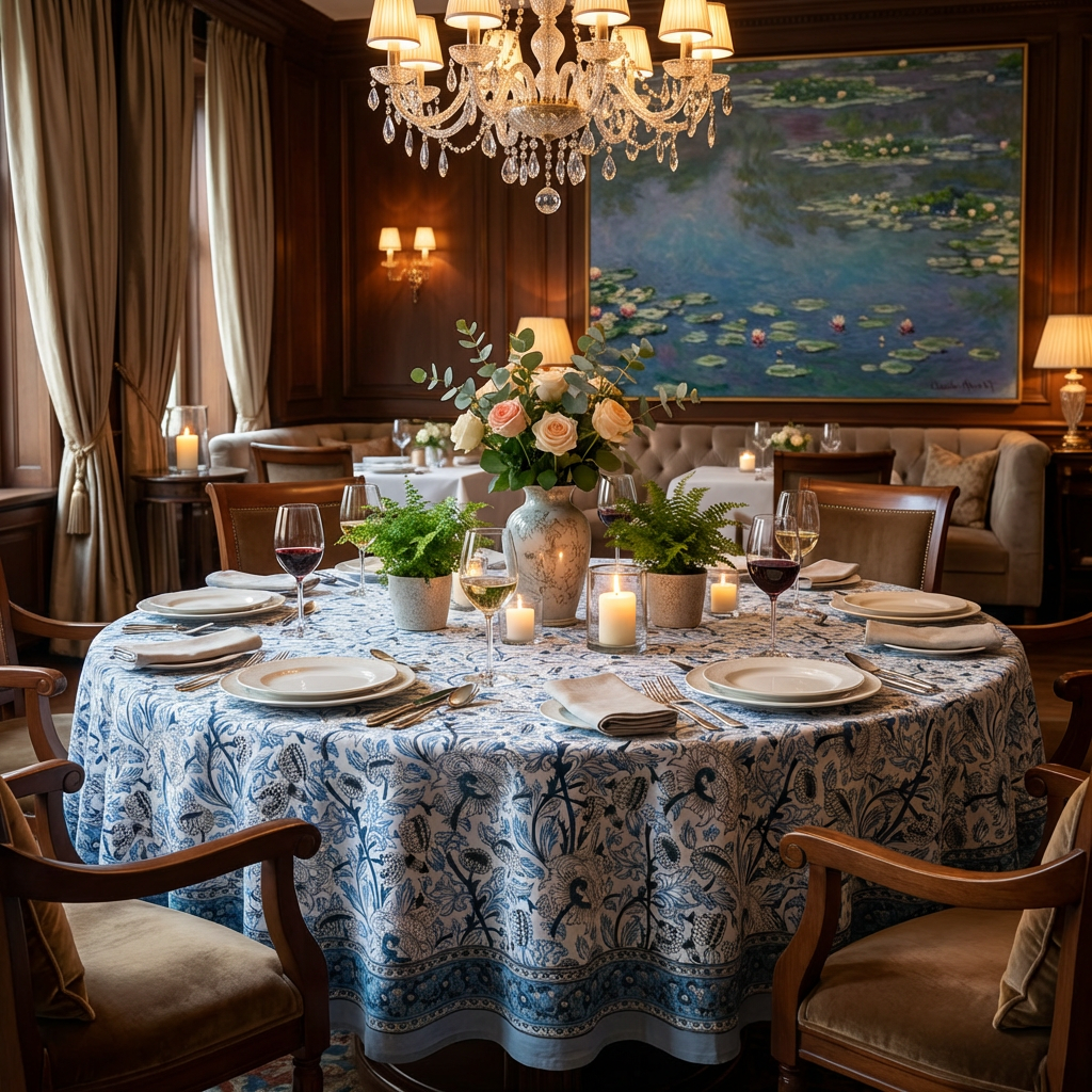 Hand Block Printed Cotton Round Tablecloth 180 cms  Amarnath Grey Open 208496