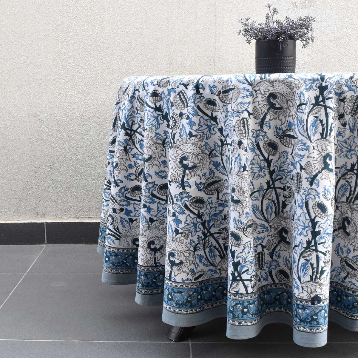 Hand Block Printed Cotton Round Tablecloth 180 cms Amarnath Grey Open 208496