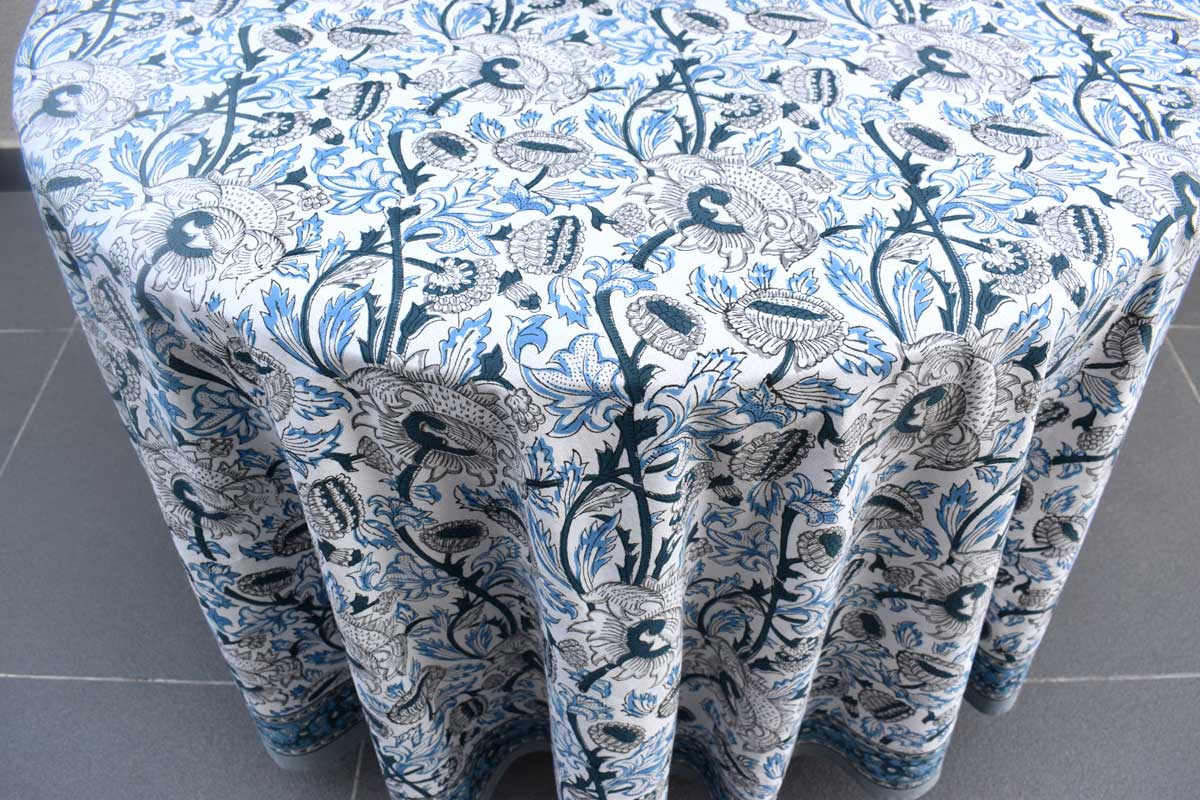 Hand Block Printed Cotton Round Tablecloth 180 cms Amarnath Grey Open 208496