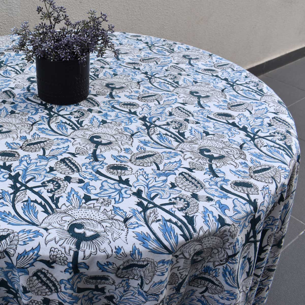 Hand Block Printed Cotton Round Tablecloth 220 cms Amarnath Grey Open 208496