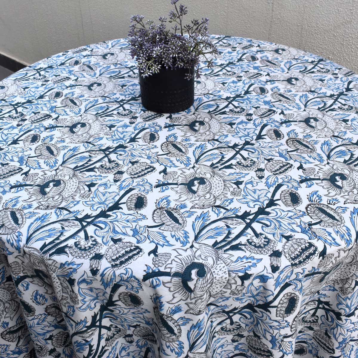 Hand Block Printed Cotton Round Tablecloth 180 cms Amarnath Grey Open 208496