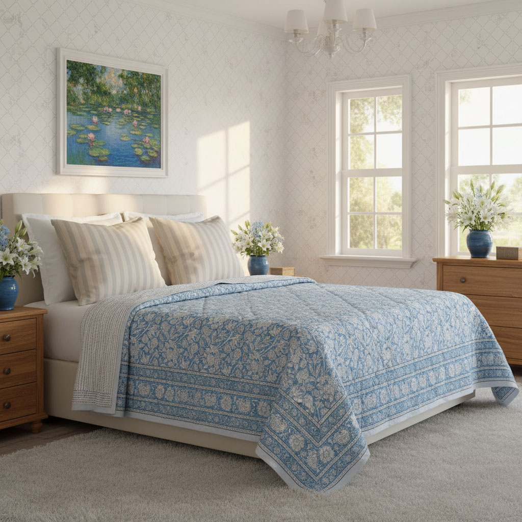 Hand Block Printed Cotton Twin Long Size Quilt Amarnath Marina 202302