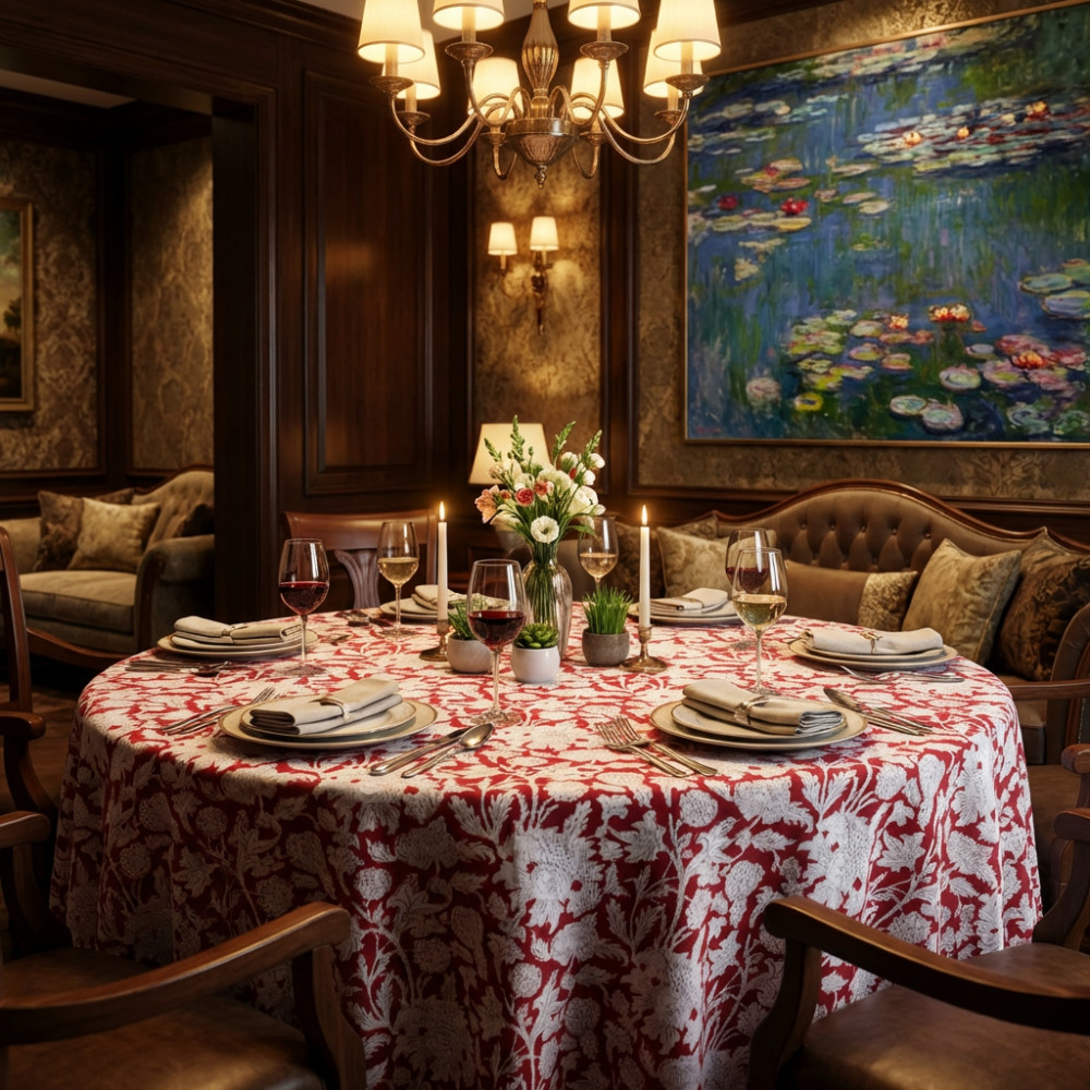 Image of Hand Block Printed Cotton Round Tablecloth 180 cms | Amarnath Rococco Red 200196