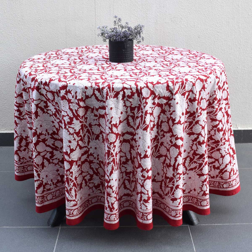 Image of Hand Block Printed Cotton Round Tablecloth 220 cms | Amarnath Rococco Red 200196