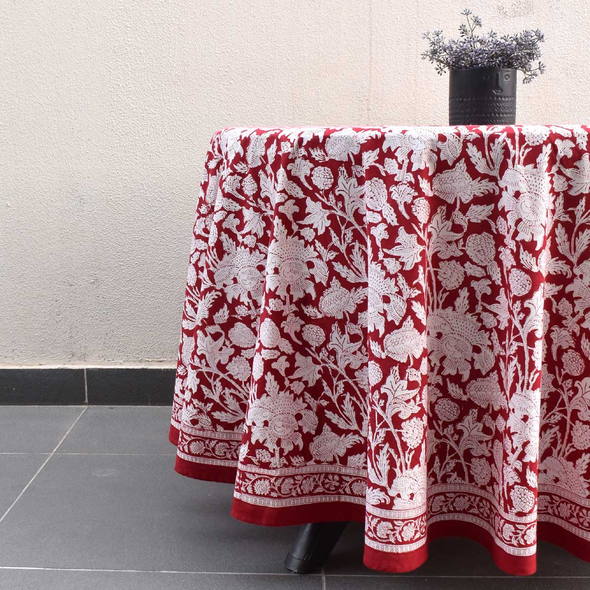Hand Block Printed Cotton Round Tablecloth 220 cms Amarnath Rococco Red 200196