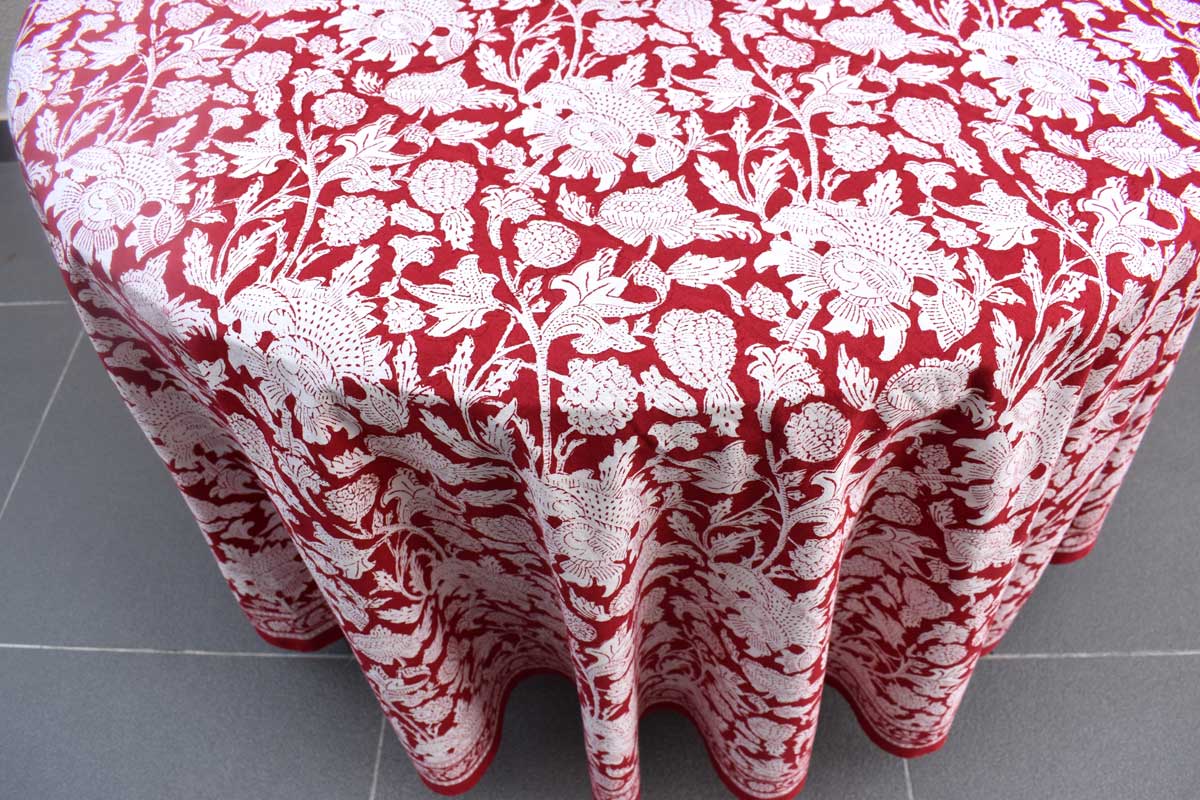 Hand Block Printed Cotton Round Tablecloth 220 cms Amarnath Rococco Red 200196