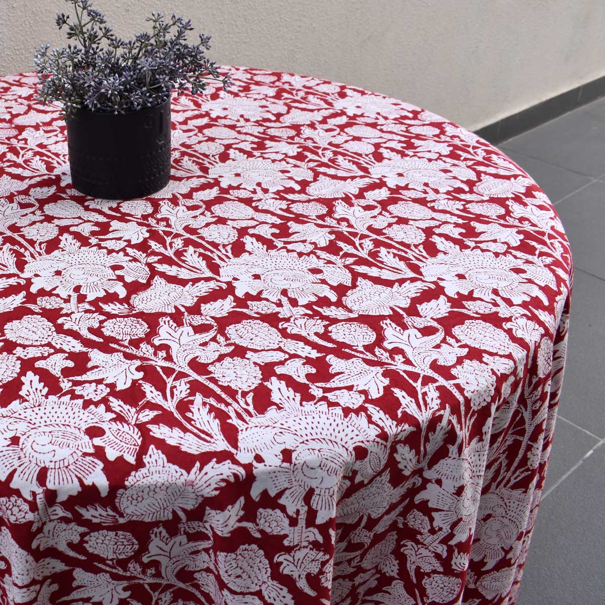Hand Block Printed Cotton Round Tablecloth 220 cms Amarnath Rococco Red 200196