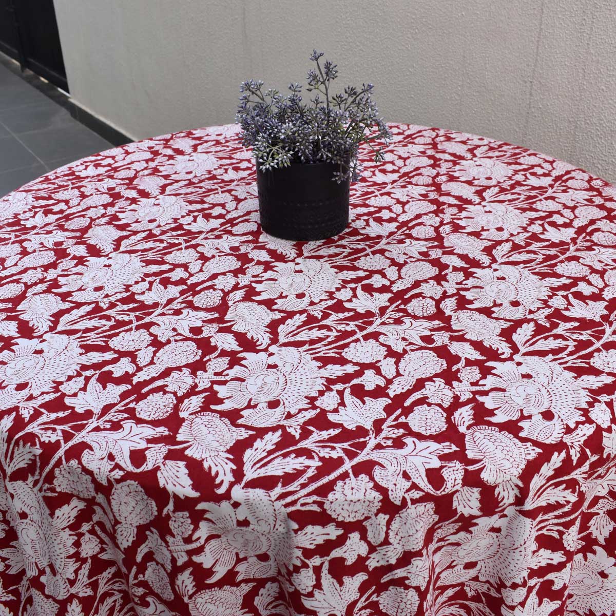 Hand Block Printed Cotton Round Tablecloth 220 cms Amarnath Rococco Red 200196