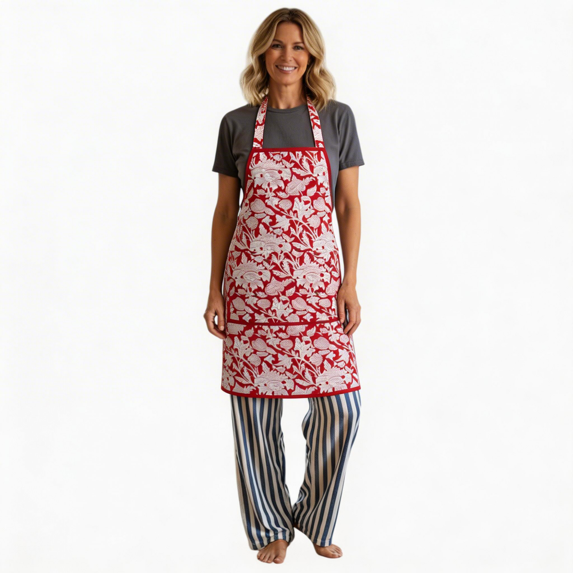 Indian Block-Printed 100 Cotton Apron Amarnath Rococco Red 200196