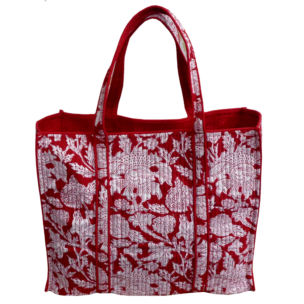 Hand Block Printed Cotton Quilted Tote Bag Amarnath Rococco Red 200196