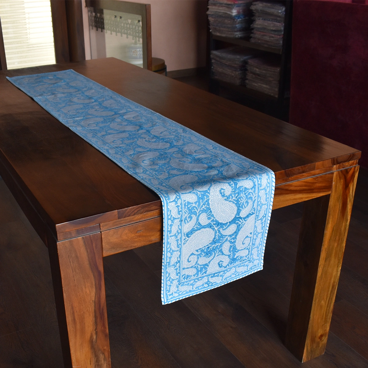 Hand Block Printed Cotton Canvas Table Runner 33x170 cms Ambi Aqua Gud 200868
