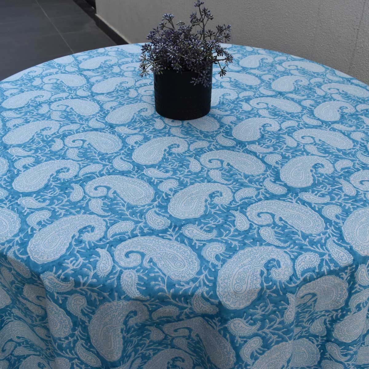 Hand Block Printed Cotton Round Tablecloth 220 cms Ambi Aqua Gud 200868