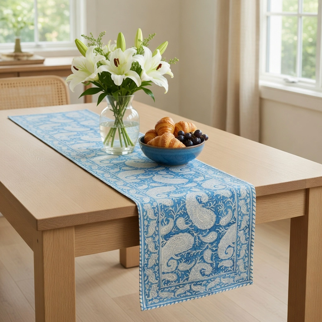 Hand Block Printed Cotton Canvas Table Runner 33x170 cms Ambi Aqua Gud 200868