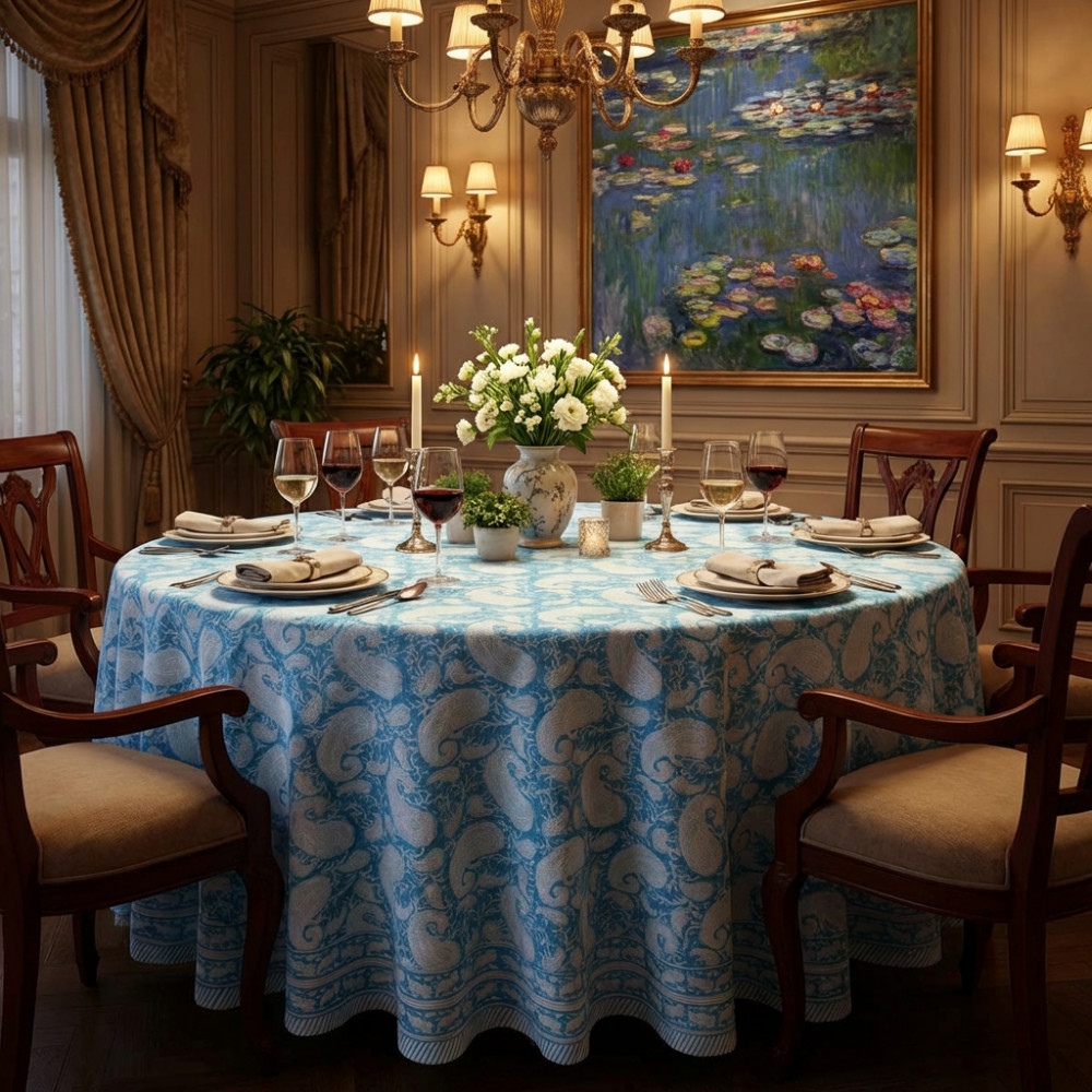 Image of Hand Block Printed Cotton Round Tablecloth 220 cms | Ambi Aqua Gud 200868