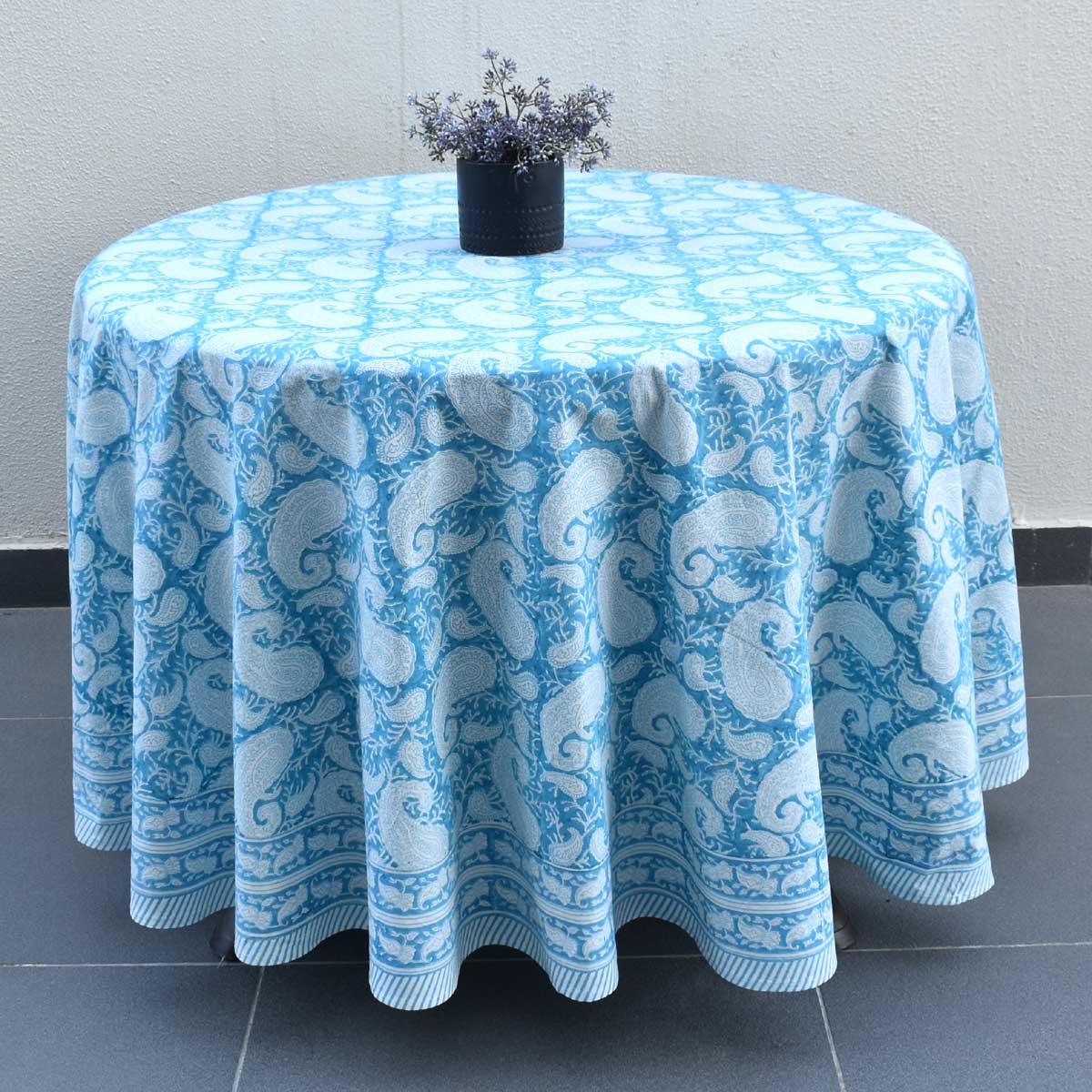 Hand Block Printed Cotton Round Tablecloth 220 cms Ambi Aqua Gud 200868