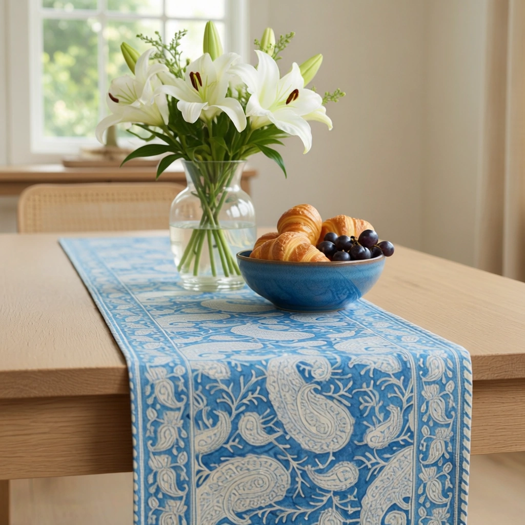 Hand Block Printed Cotton Canvas Table Runner 33x170 cms Ambi Aqua Gud 200868