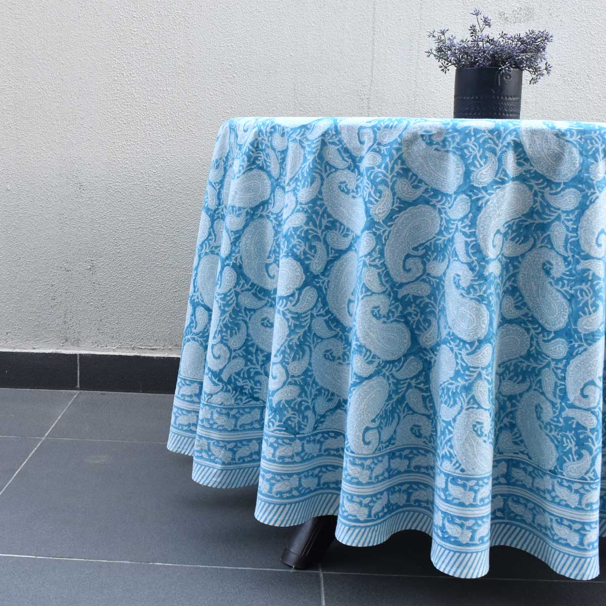 Hand Block Printed Cotton Round Tablecloth 220 cms Ambi Aqua Gud 200868