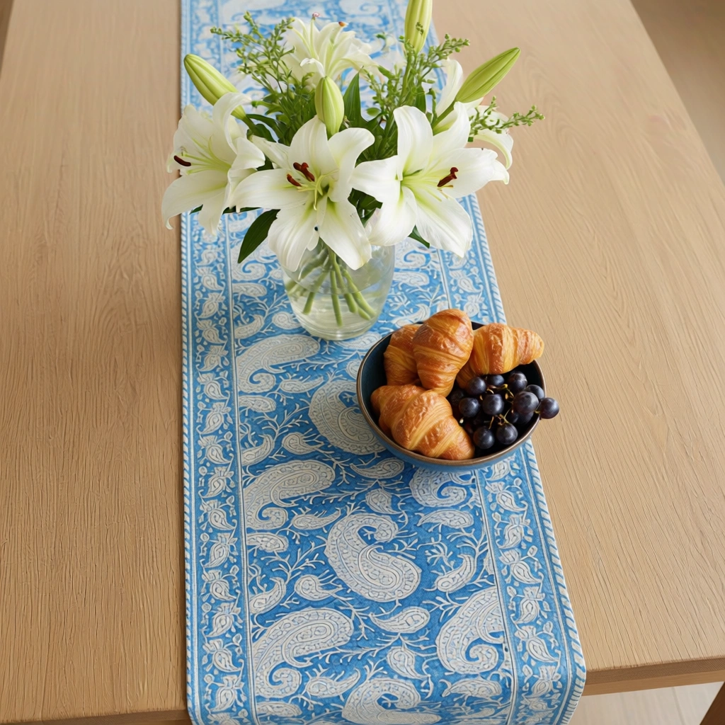 Hand Block Printed Cotton Canvas Table Runner 33x170 cms Ambi Aqua Gud 200868