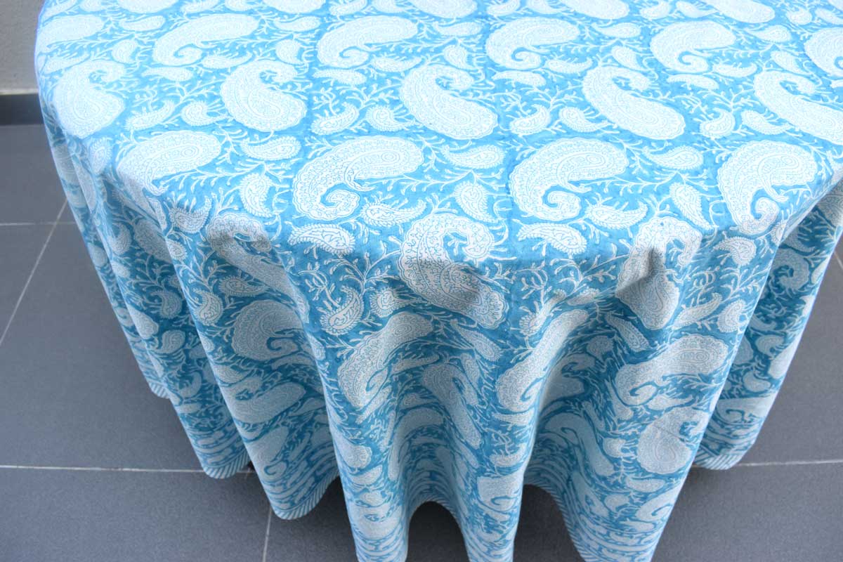 Hand Block Printed Cotton Round Tablecloth 220 cms Ambi Aqua Gud 200868