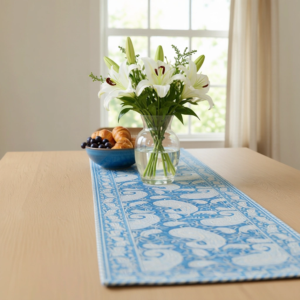 Hand Block Printed Cotton Canvas Table Runner 33x170 cms Ambi Aqua Gud 200868