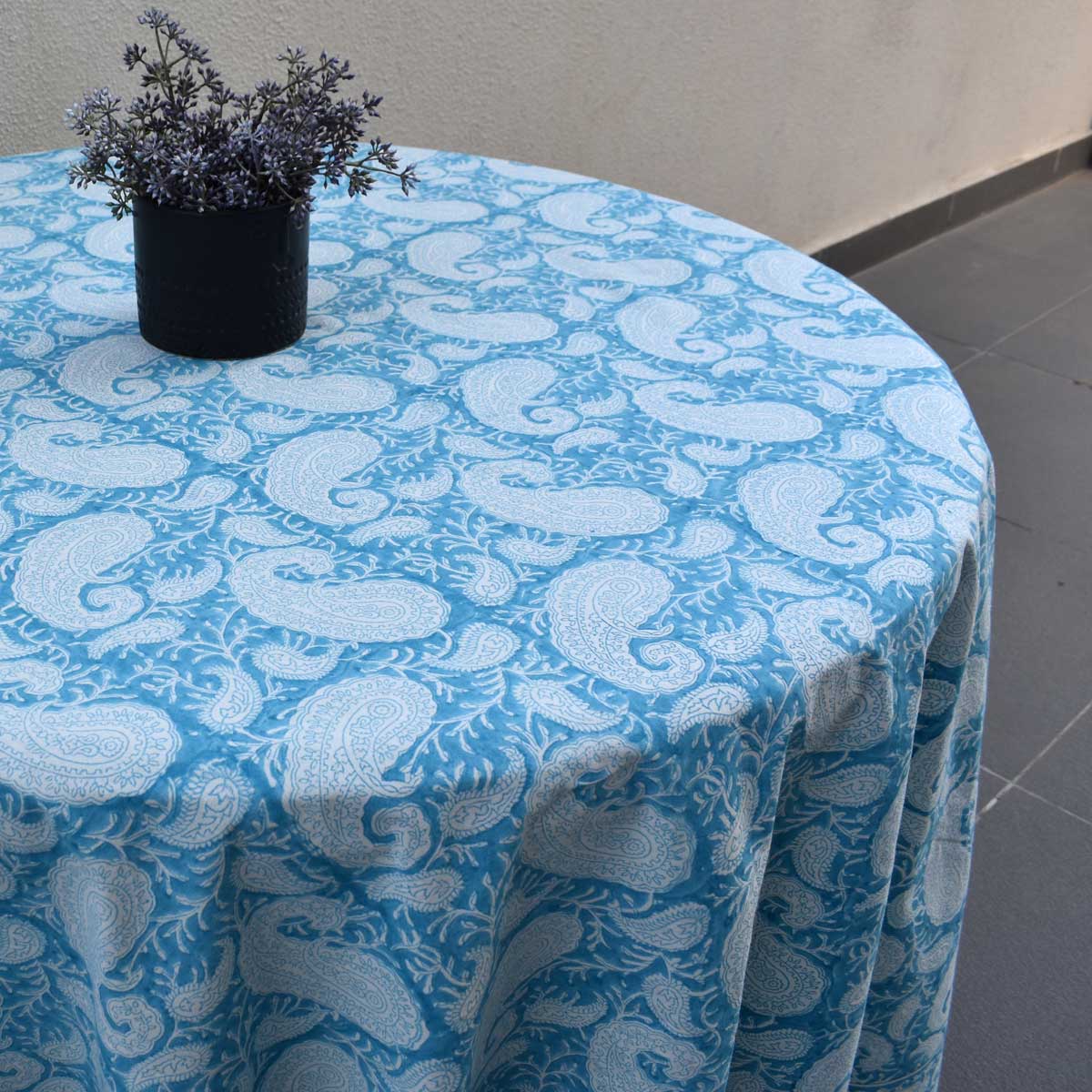 Hand Block Printed Cotton Round Tablecloth 220 cms Ambi Aqua Gud 200868