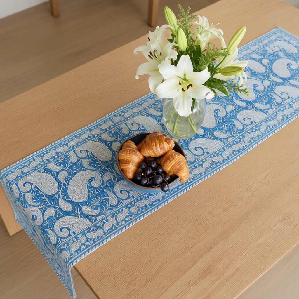 Hand Block Printed Cotton Canvas Table Runner 33x170 cms Ambi Aqua Gud 200868
