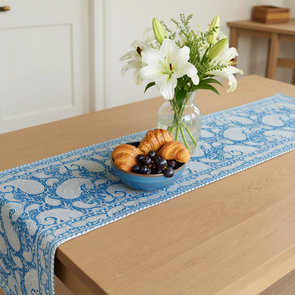 Hand Block Printed Cotton Canvas Table Runner 33x170 cms Ambi Aqua Gud 200868
