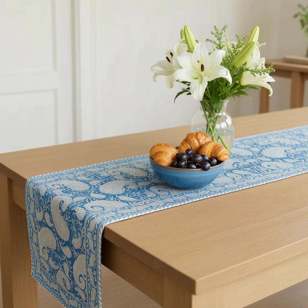 Hand Block Printed Cotton Canvas Table Runner 33x170 cms Ambi Aqua Gud 200868