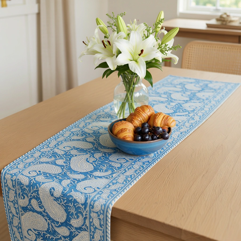 Hand Block Printed Cotton Canvas Table Runner 33x170 cms Ambi Aqua Gud 200868