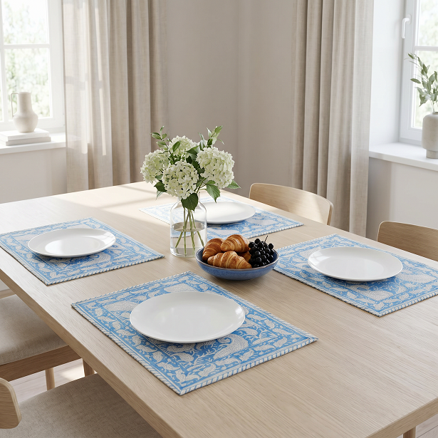 Hand Block Printed Cotton Canvas Table Mat 32x48 cms Set of 2 Table mats Ambi Aqua Gud 200868