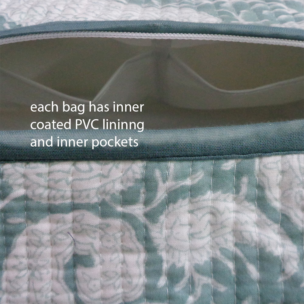 Hand Block Printed Cotton Quilted Cosmetic Bag Set of 2 Ambi Mineral Blue Gud 201582