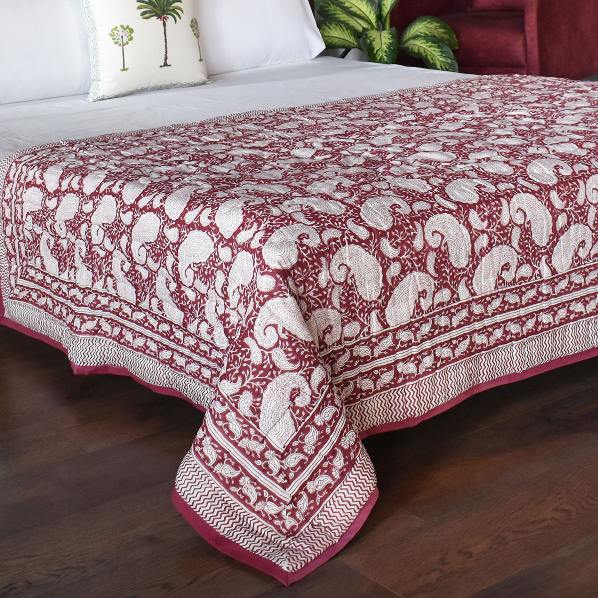 Hand Block Printed Cotton Twin Size Quilt Ambi Pink Gud 201563