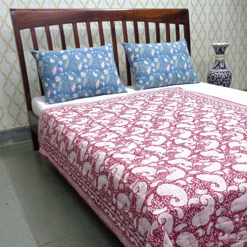 Hand Block Printed Cotton Twin Size Quilt Ambi Pink Gud 201563