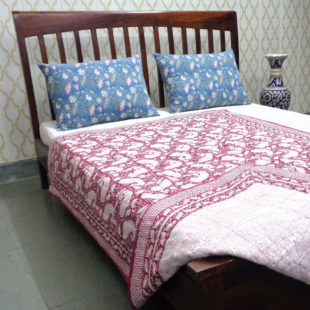 Hand Block Printed Cotton Twin Size Quilt Ambi Pink Gud 201563