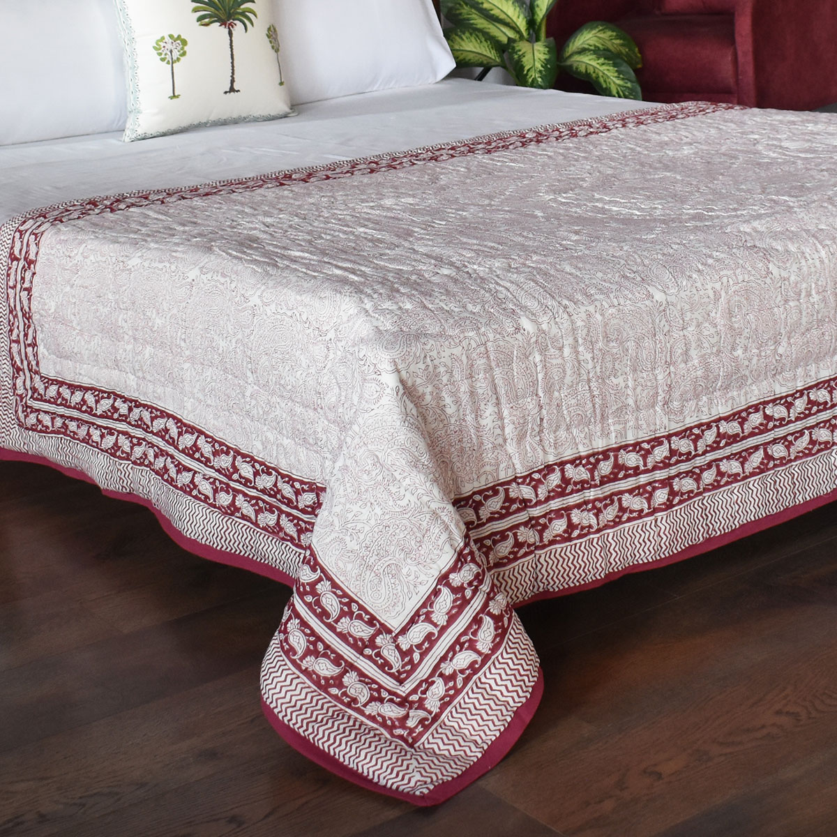 Hand Block Printed Cotton Twin Size Quilt Ambi Pink Gud 201563