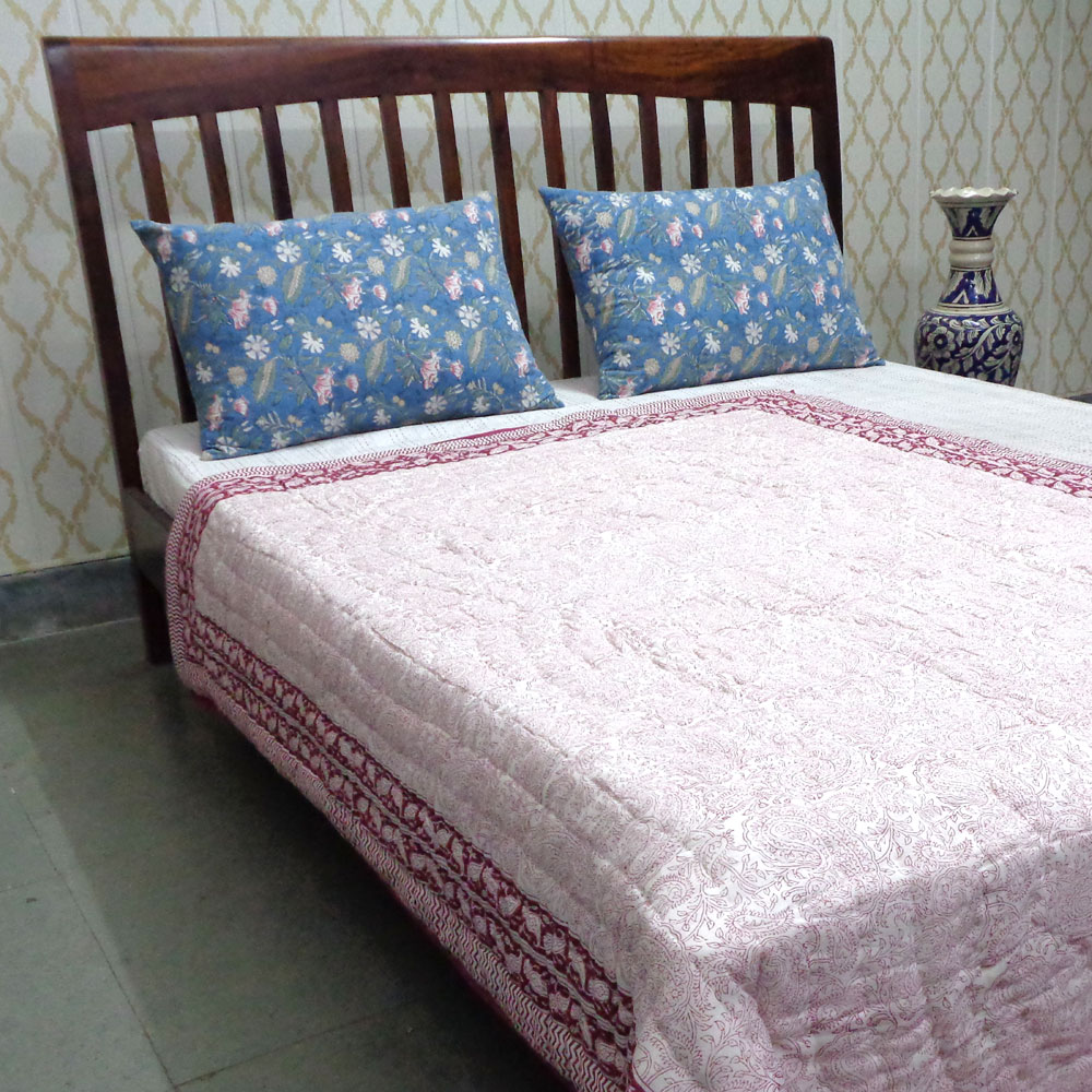 Hand Block Printed Cotton Twin Size Quilt Ambi Pink Gud 201563
