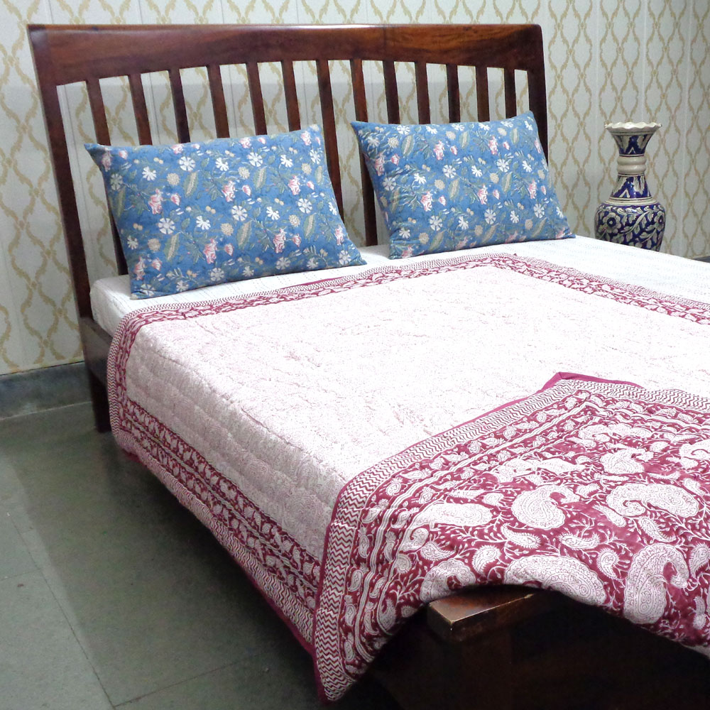 Hand Block Printed Cotton Twin Size Quilt Ambi Pink Gud 201563