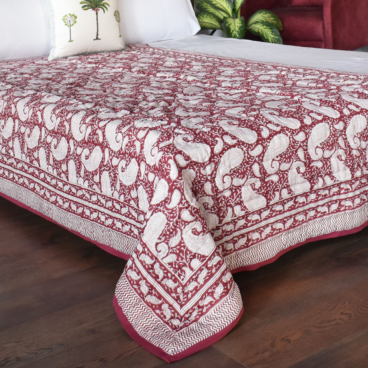 Hand Block Printed Cotton Twin Size Quilt Ambi Pink Gud 201563