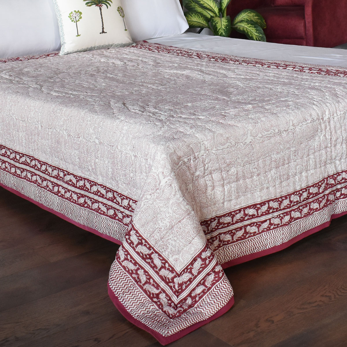 Hand Block Printed Cotton Twin Size Quilt Ambi Pink Gud 201563