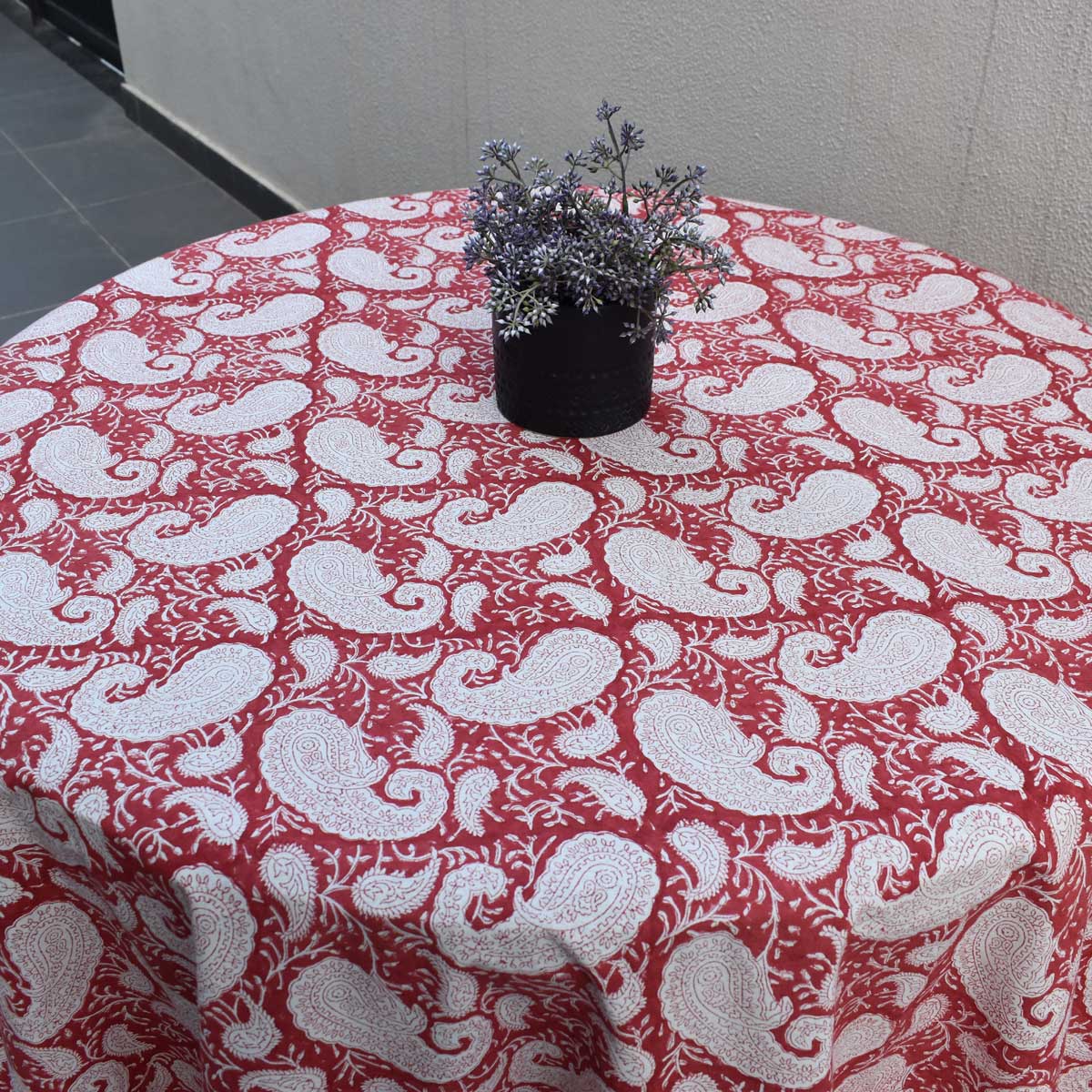 Hand Block Printed Cotton Round Tablecloth 180 cms Ambi Raspberry 620630