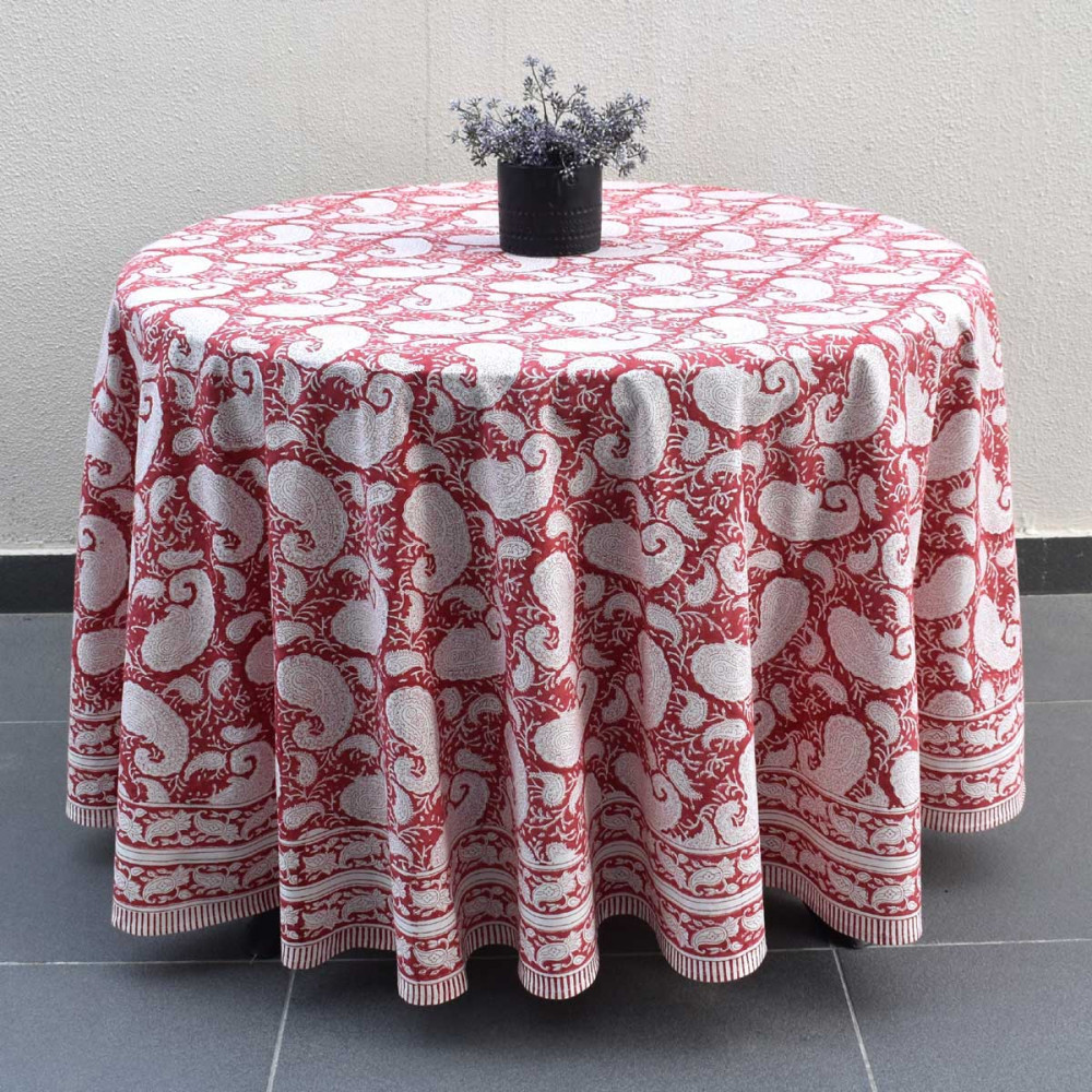 Image of Hand Block Printed Cotton Round Tablecloth 220 cms | Ambi Raspberry 620630