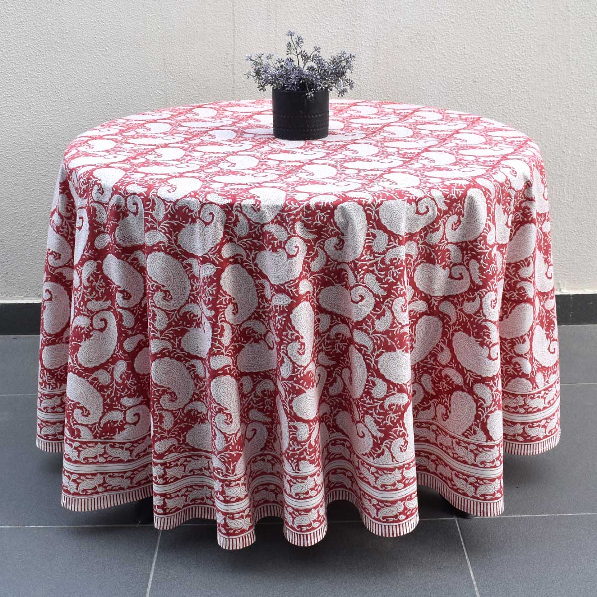 Hand Block Printed Cotton Round Tablecloth 180 cms Ambi Raspberry 620630