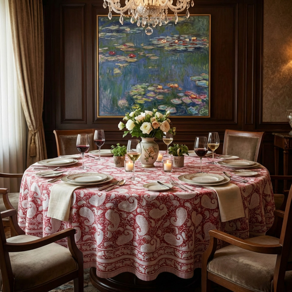 Image of Hand Block Printed Cotton Round Tablecloth 180 cms | Ambi Raspberry 620630