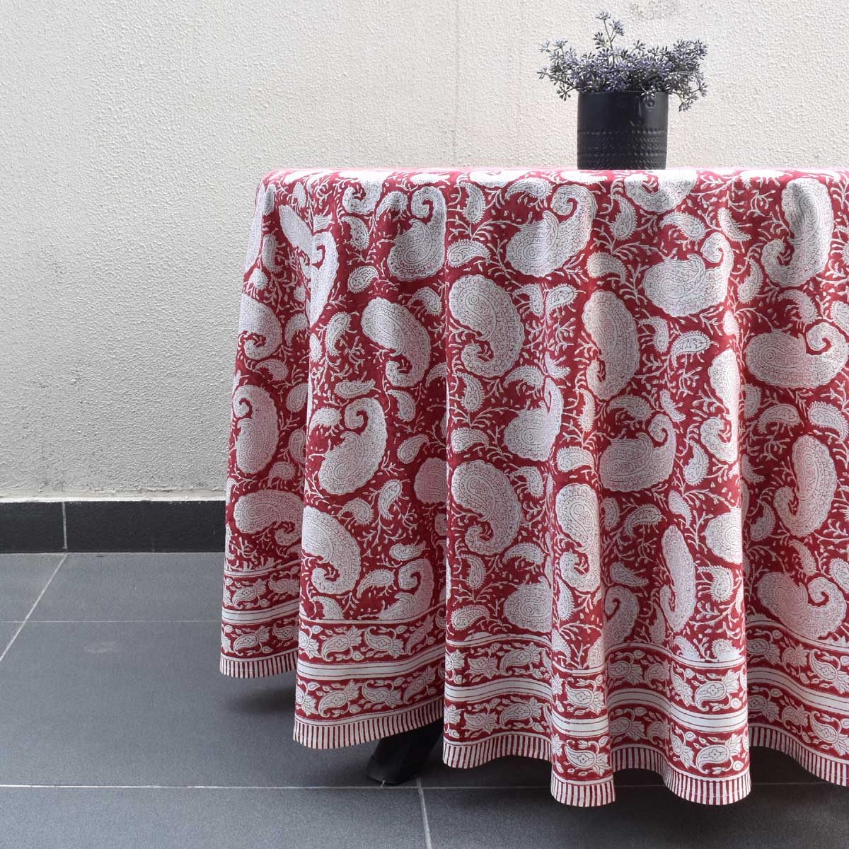 Hand Block Printed Cotton Round Tablecloth 220 cms Ambi Raspberry 620630