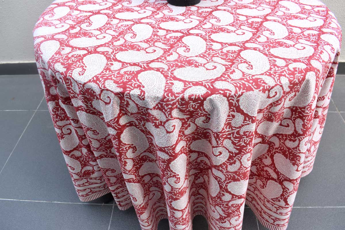Hand Block Printed Cotton Round Tablecloth 220 cms Ambi Raspberry 620630