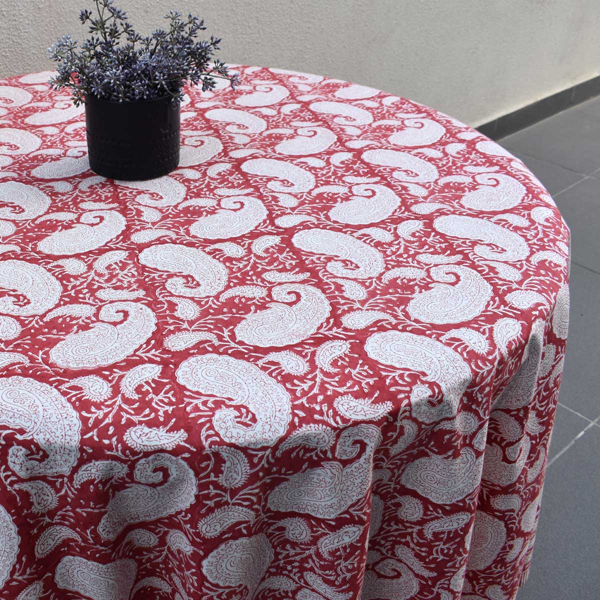 Hand Block Printed Cotton Round Tablecloth 220 cms Ambi Raspberry 620630