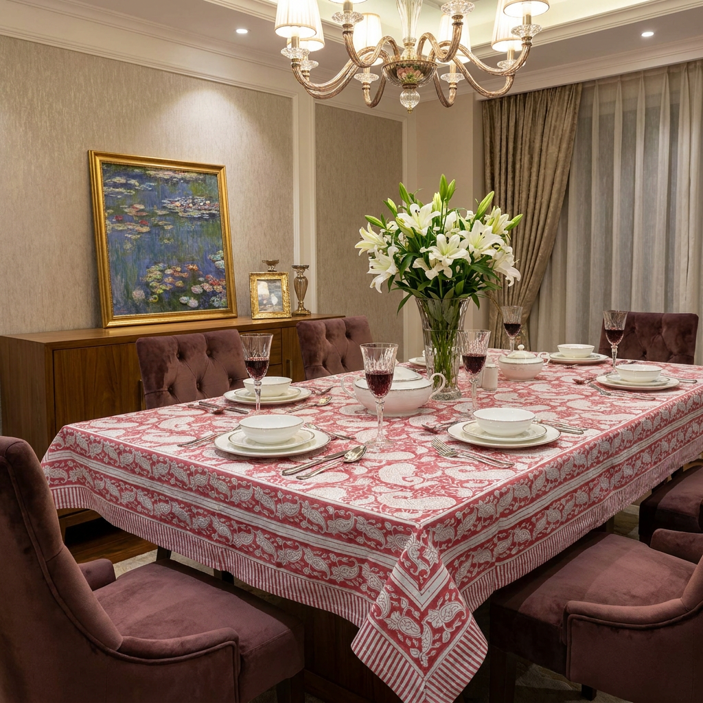 Tablecloth 12 seater in Cotton Hand Block Printed Cotton Tablecloth 180x340 cms Ambi Raspberry 620630